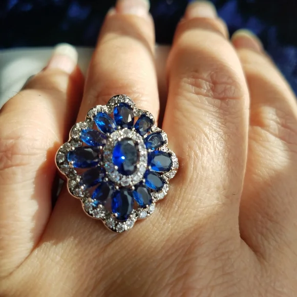 Swarovski Elements Blue Sapphire 925 Sterling Silver Statement Ring NEW - Picture 8 of 10